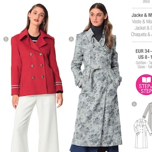 May include: A Burda Style sewing pattern envelope 5984 for a jacket and coat. The cover displays two garments: a red double-breasted jacket with buttons and a long, grey floral-patterned trench coat with a belt. Includes technical line drawings.