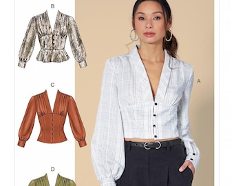 Sewing Pattern for Womens Tops, Button Front Tops, Puff Sleeve Top Pattern, V Neck Tops, Size 6-14 and 14-22, McCall's 7978, Uncut and FF
