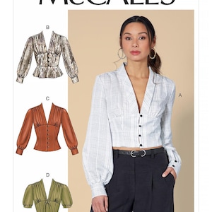 May include: A sewing pattern for a women's blouse with a deep V-neckline and long sleeves. The pattern includes four different variations of the blouse, each with a different fabric and style. The pattern number is M7978.