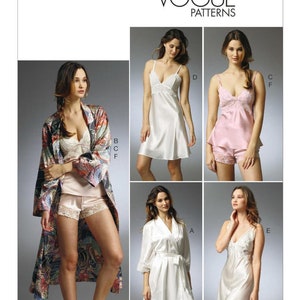 May include: Vogue Patterns V8888 sewing pattern for a robe, a slip, and a pajama top and shorts. The pattern includes five different styles, labeled A through F. The models are wearing white, pink, and black satin.