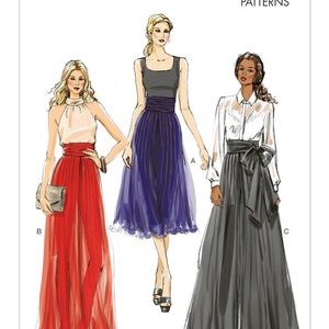 May include: Vogue Patterns sewing pattern for a skirt with three different styles. The pattern is for size V8955. The first style is a knee-length skirt with a wide waistband and a bow. The second style is a floor-length skirt with a wide waistband and a bow. The third style is a floor-length skirt with a wide waistband and a bow.