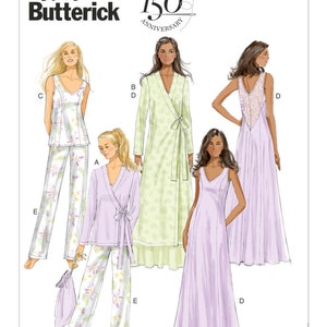 May include: A sewing pattern for a women's sleepwear set, featuring a long robe, a short top, a long dress, and a pair of pants. The pattern is from Butterick and has the number B5963 on it. The pattern is for sizes 14-16-18-20-22-24.