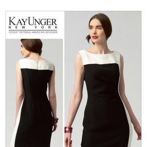 May include: A sleeveless sheath dress featuring a colour-blocked design with a solid black main body and a contrasting white panel across the upper chest and along the side seams. The pattern is labelled Kay Unger New York Vogue Patterns V1329.