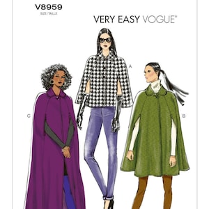 Easy Vogue Sewing Pattern for Womens Cape Jacket, Long Cape Pattern, Winter Coat Pattern, Vogue 8959, Size XS-M and L-XXL, Uncut FF