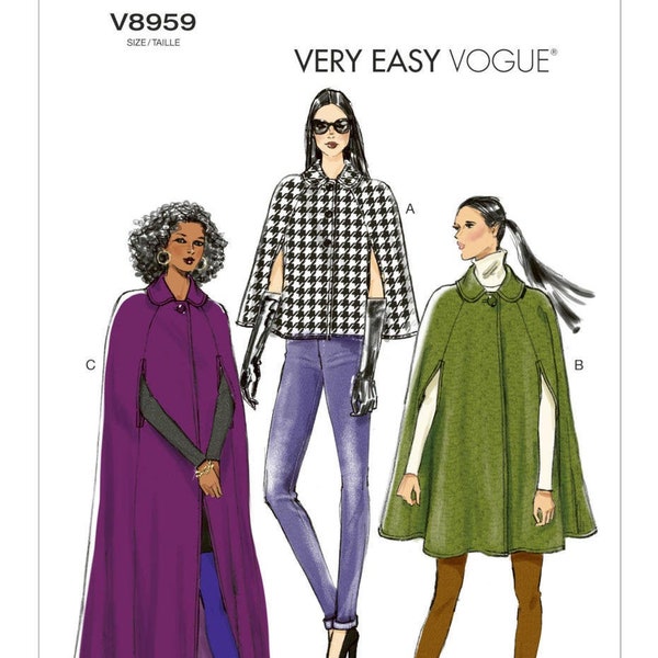 Easy Vogue Sewing Pattern for Womens Cape Jacket, Long Cape Pattern, Winter Coat Pattern, Vogue 8959, Size XS-M and L-XXL, Uncut FF