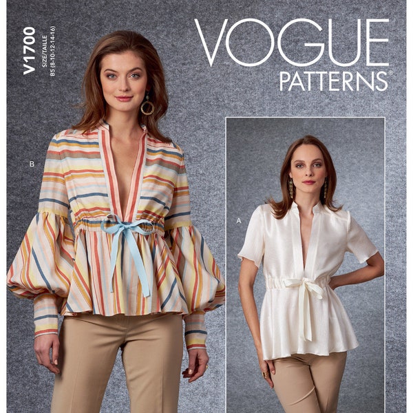 Patrón de costura Vogue para blusas de mujer, blusa con cuello en V con lazo frontal, patrón superior de manga abullonada, Vogue 1700, talla 8-16 16-24, sin cortar y FF