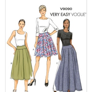 May include: A sewing pattern for a skirt with three different styles. The skirt is shown in three different colors: green, blue, and a patterned fabric. The pattern is called "Very Easy Vogue" and the number is V9090.