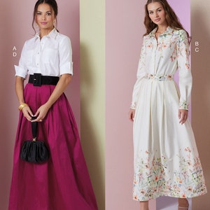 May include: Vogue Patterns sewing pattern featuring two women's outfits. One outfit includes a white button-down shirt, a black belt, and a magenta skirt. The other outfit is a white dress with floral accents. The Vogue Patterns logo is visible.