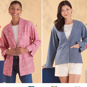 May include: Simplicity S9468 sewing pattern envelope featuring two jacket variations. The left jacket is a pink textured blazer with lapels and patch pockets. The right jacket is a blue V-neck blazer with a single button closure and patch pockets.