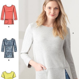May include: Simplicity pattern S9275 features a woman wearing a gray long-sleeve top with a pocket and a side slit. The pattern includes three top designs, with sizes ranging from U.S. 8-16.
