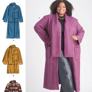 May include: Simplicity sewing pattern S9686 featuring a long coat with a wide collar and patch pockets. The pattern includes illustrations for three variations: a blue coat, a mustard yellow coat, and a patterned coat with a geometric design.