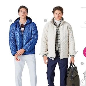 May include: A Burda Style 5595 sewing pattern envelope featuring two jacket designs. Design A is a blue hooded quilted jacket. Design B is a cream-colored quilted jacket with a high collar. The cover includes technical line drawings and text.