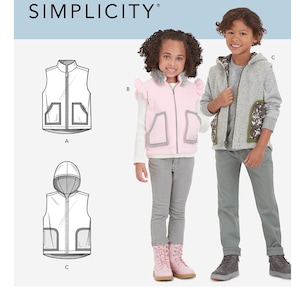 Könnte beinhalten: Simplicity Schnittmuster S9193 für Westen in den Größen 3-8. Die Packung zeigt Illustrationen einer ärmellosen Weste mit Taschen und einer Weste mit Kapuze. Zwei Kinder tragen eine hellrosa Weste mit Rüschen und eine graue Kapuzenweste.