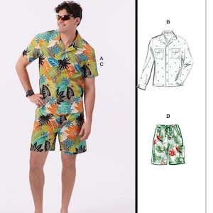 May include: McCall's sewing pattern featuring a man in a tropical print shirt and shorts. The pattern includes diagrams for a long-sleeve shirt and shorts. The text "Designed and printed in USA" is visible.