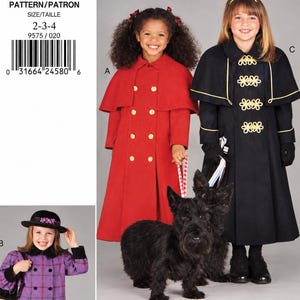May include: A sewing pattern envelope labeled 9575 for children's coats in sizes 2-3-4. The image displays three coat variations: a red double-breasted coat with a capelet, a black coat with gold frog closures and capelet, and a purple plaid coat.