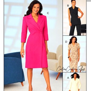 May include: McCall's 3948 sewing pattern envelope featuring a bright pink wrap dress with three-quarter sleeves and a lapel collar. Additional views show a sleeveless vest with trousers, a short-sleeved floral dress, and a white blazer with matching trousers.