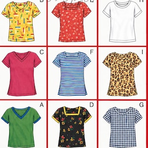 May include: Butterick sewing pattern 5013 for nine different shirt designs. The envelope displays illustrations of short-sleeved tops with various necklines, including V-necks, square necks, and crew necks, featuring solid colours, stripes, and floral prints.