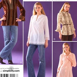 May include: Simplicity sewing pattern 4017 for tops in sizes 6, 8, 10, 12, 14. The pattern features four variations: a brown velvet tunic, a white eyelet tunic, a patterned tunic with a belt, and a light pink button-down shirt with lace trim.