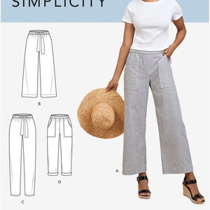 Easy Sewing Pattern for Womens Pants, Wide Leg Pants, Cropped Pants, High Waisted Pants, Simplicity 8841, Size 6-14 14-22, Uncut FF