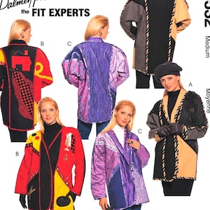 May include: McCall's 8532 sewing pattern for a creative jacket in size medium (12, 14). The envelope displays three jacket variations featuring colour-blocked designs in red, black, yellow, purple, and tan, with various decorative appliqués.