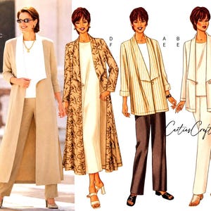 May include: Butterick 6473 sewing pattern for a collection of outfits including a long duster coat, a patterned long coat, a striped blazer, and a solid blazer, all paired with matching trousers and tops, labeled with sizes 6-8-10 and Fast & Easy.