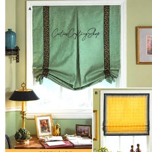 May include: Simplicity Home sewing pattern 9117 for window shades with woven tape. The package displays two styles: a sage green shade with dark patterned trim and a yellow shade with dark borders. Includes text and a barcode.