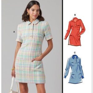 May include: McCall's sewing pattern M8552 for a dress with short sleeves and a collar. The pattern includes three different styles: a plaid dress, a solid red dress, and a blue and white gingham dress. The pattern is designed and printed in the USA.