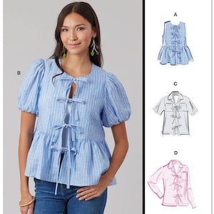 May include: McCall's sewing pattern M8557 for a blouse with a tie front. The pattern includes four different styles: a sleeveless top, a short-sleeved top, a short-sleeved shirt, and a long-sleeved shirt. The pattern is designed and printed in the USA.