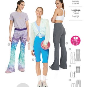 May include: A sewing pattern for leggings featuring three variations: flared leggings with a purple and blue mandala print, blue bike shorts with side panels, and charcoal gray flared leggings with side pockets, including step-by-step instructions.