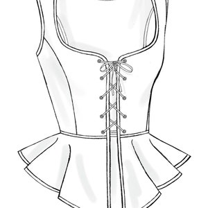 May include: A white sleeveless top with a lace-up front and a ruffled bottom.