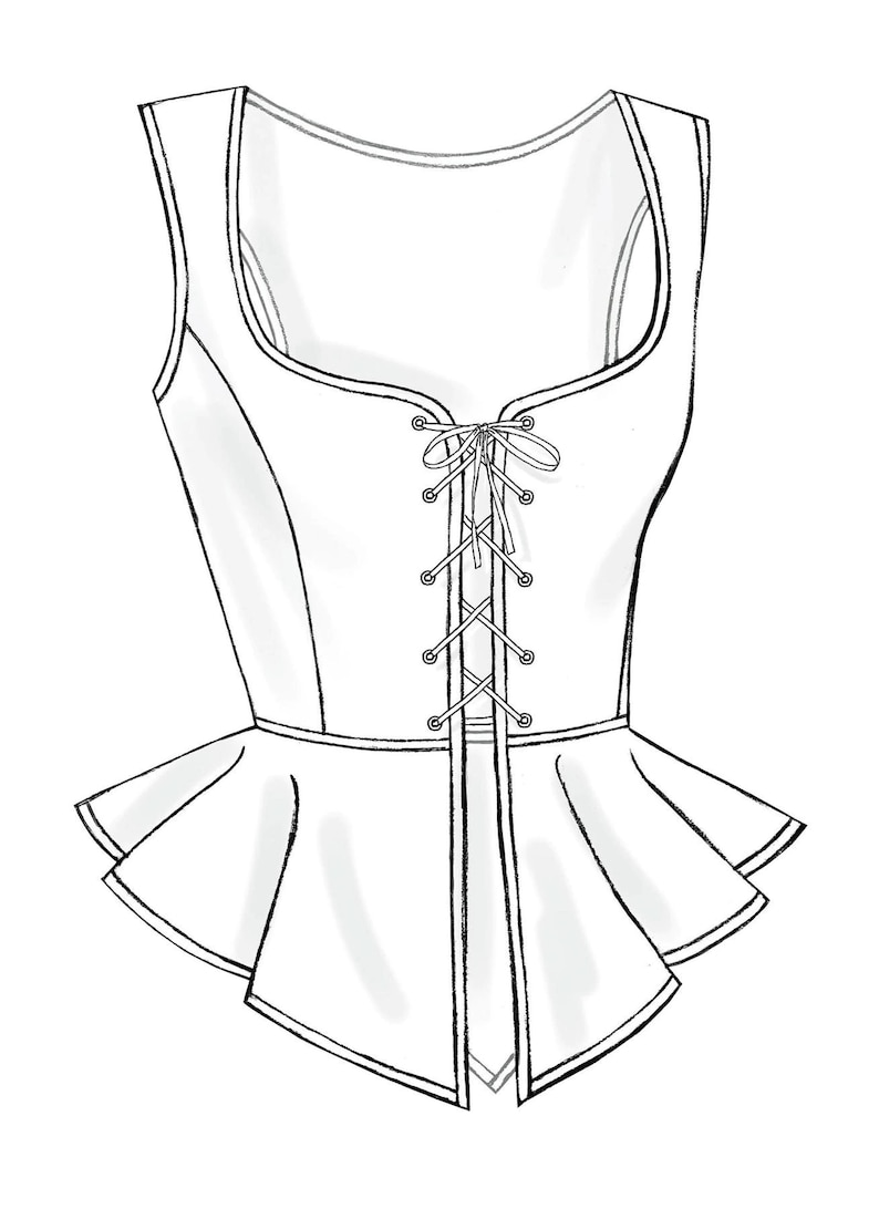 May include: A white sleeveless top with a lace-up front and a ruffled bottom.