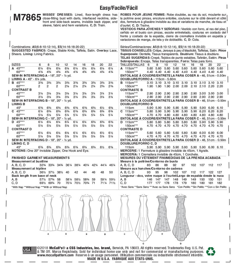 May include: Sewing pattern for misses' dresses with a close-fitting bust, darts, interfaced neckline, side front and side-back seams, invisible back zipper, and sleeve. The pattern includes fabric and hem variations. The pattern is available in sizes 6-22. The pattern includes instructions for sewing in interfacing and lining. The pattern also includes finished garment measurements.