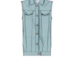 May include: A light blue denim vest with a button-up front and two pockets. The vest has a classic design and is perfect for layering.