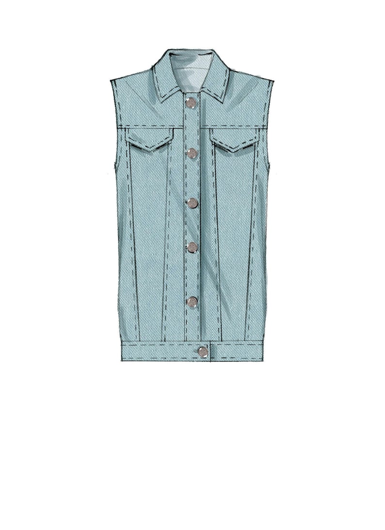 May include: A light blue denim vest with a button-up front and two pockets. The vest has a classic design and is perfect for layering.