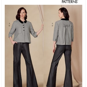 May include: Vogue Patterns V1831. A woman models a two-piece outfit. The jacket is black and white checkered with a black collar and buttons. The pants are black, flared, and high-waisted. The Vogue Patterns logo is in the upper right corner.