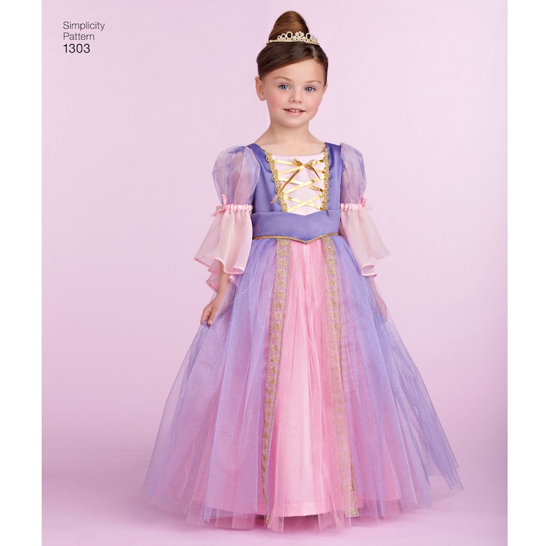 May include: A young girl wearing a purple and pink princess costume with a gold belt and a gold crown. Simplicity Pattern 1303.