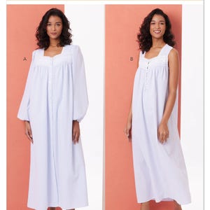 Puede incluir: El patrón Butterick B7062 presenta dos diseños de camisones blancos. Uno tiene mangas largas y un escote cuadrado con ribete de encaje. El otro es sin mangas con un escote similar con ribete de encaje. Ambos tienen frentes abotonados y son largos.