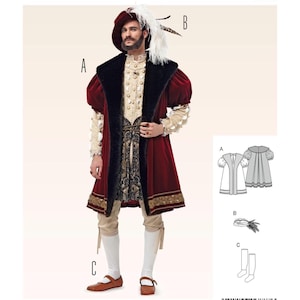 May include: A sewing pattern for a historical-style costume featuring a long, dark red velvet coat with a black faux fur collar, a cream-coloured doublet with gold buttons, beige breeches, white stockings, brown shoes, and a red hat with white feathers.
