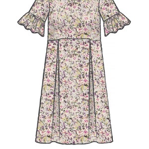 May include: A floral print dress with a round neckline and short sleeves with ruffled edges. The dress features a fitted bodice and a pleated skirt, with a black trim outlining the edges. The dress is a light cream color with a pattern of pink, purple, and green flowers.