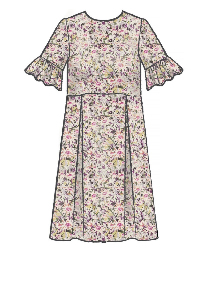 May include: A floral print dress with a round neckline and short sleeves with ruffled edges. The dress features a fitted bodice and a pleated skirt, with a black trim outlining the edges. The dress is a light cream color with a pattern of pink, purple, and green flowers.