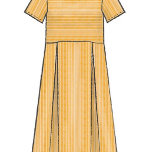 May include: A yellow dress with a striped pattern. The dress has short sleeves and a round neckline. The skirt portion of the dress is pleated. The dress is a midi length.