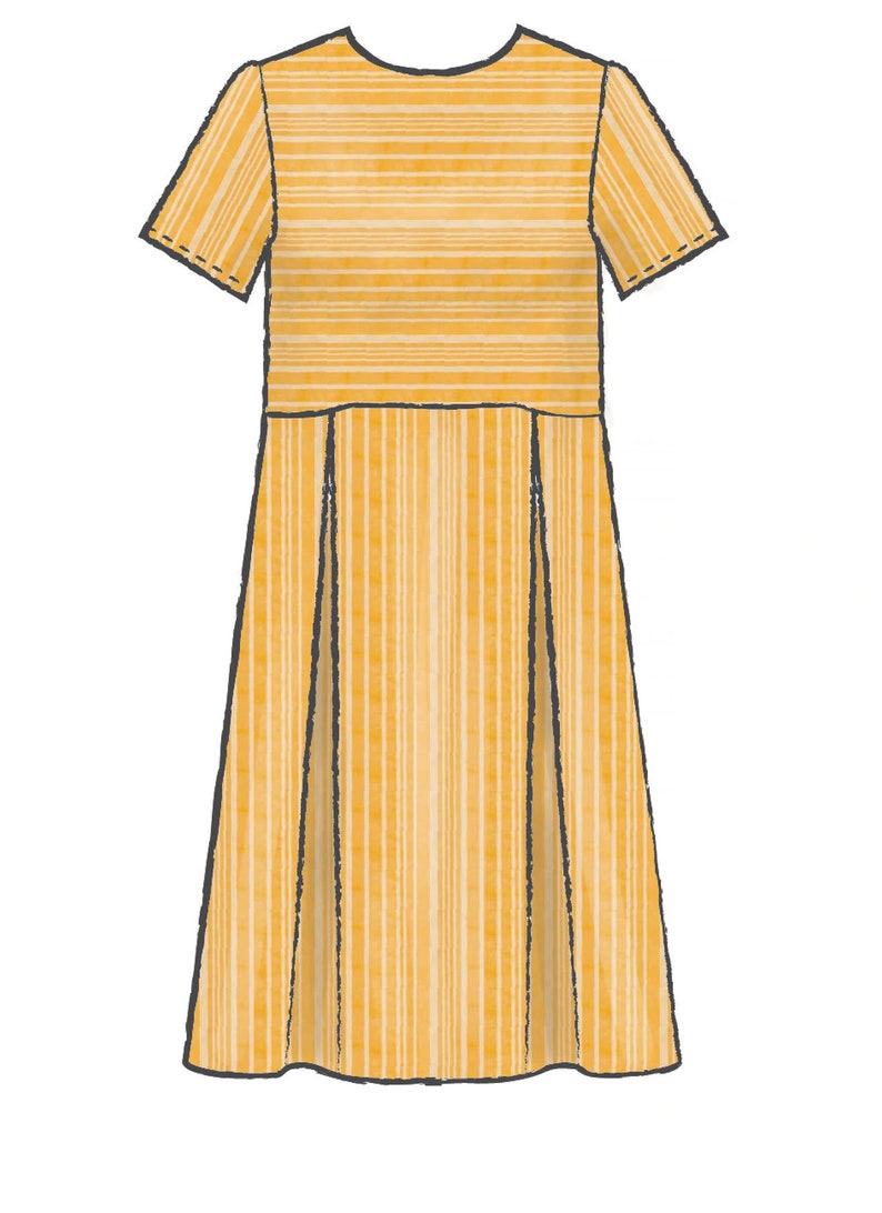 May include: A yellow dress with a striped pattern. The dress has short sleeves and a round neckline. The skirt portion of the dress is pleated. The dress is a midi length.