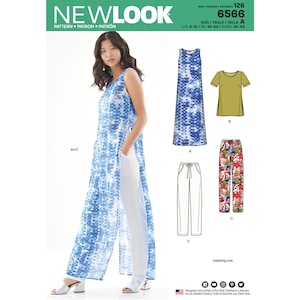 May include: A woman models a blue and white patterned sleeveless dress with white pants. The image also shows a green short-sleeved top, white drawstring pants, and floral print pants. The pattern is New Look 6566, sizes 8-18.