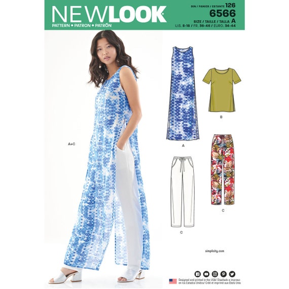 Sewing Pattern for Women's Tops and Pants, Womens Tunic, Tank Top, Drawstring Pants, High Waisted Pants, New Look 6566, Size 8-18, Uncut FF