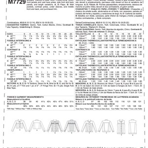 May include: Sewing pattern for jackets and vests for women. The pattern includes instructions for different styles and sizes. The pattern is for sizes 6-22. The pattern is for loose-fitting jackets and vests with yokes, side front and back panels, and length variations. The pattern includes instructions for flaps, welt pockets, contrast yokes, under sleeves, and middle front and back. The pattern also includes instructions for purchased trim.