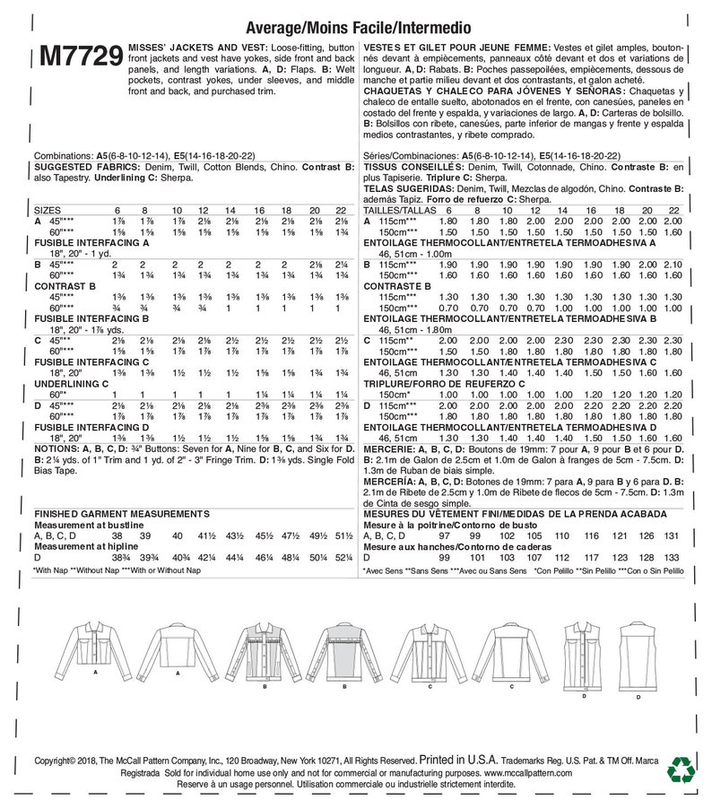 May include: Sewing pattern for jackets and vests for women. The pattern includes instructions for different styles and sizes. The pattern is for sizes 6-22. The pattern is for loose-fitting jackets and vests with yokes, side front and back panels, and length variations. The pattern includes instructions for flaps, welt pockets, contrast yokes, under sleeves, and middle front and back. The pattern also includes instructions for purchased trim.