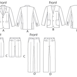 K&ouml;nnte beinhalten: Linienzeichnung eines Anzugmusters mit vier Ansichten einer Jacke und zwei Ansichten einer Hose. Die Jacke hat einen Zwei-Knopf-Verschluss und Klappentaschen. Die Hose hat einen Bund mit G&uuml;rtelschlaufen und Seitentaschen.