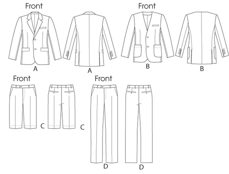 K&ouml;nnte beinhalten: Linienzeichnung eines Anzugmusters mit vier Ansichten einer Jacke und zwei Ansichten einer Hose. Die Jacke hat einen Zwei-Knopf-Verschluss und Klappentaschen. Die Hose hat einen Bund mit G&uuml;rtelschlaufen und Seitentaschen.