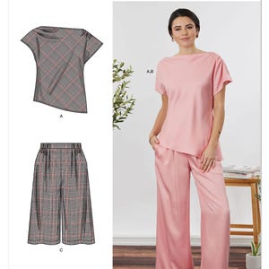 Puede incluir: El patrón de costura Simplicity S3239 presenta un conjunto de top y pantalón rosa, y un top y culottes a cuadros. El patrón incluye un modelo que lleva un conjunto rosa. El texto "Designed and printed in USA" es visible.