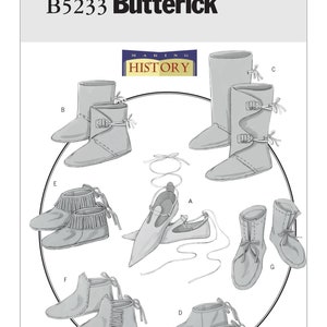 May include: A Butterick sewing pattern, B5233, featuring illustrations of various historical footwear styles. The designs include ankle boots, knee-high boots, and shoes with laces and straps. The image has a white background.
